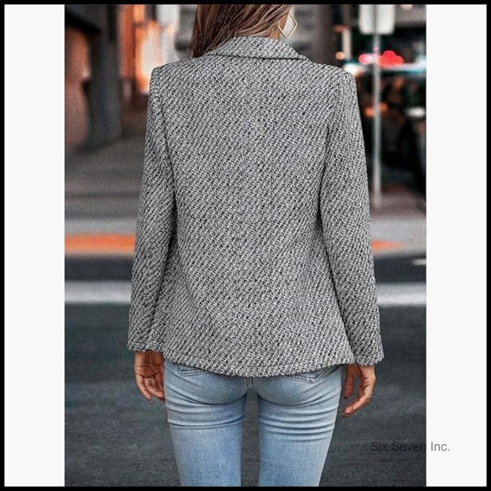 Tweed Blazer Double Breasted Office Jacket Long Sleeve Textured - Picture 5 of 5